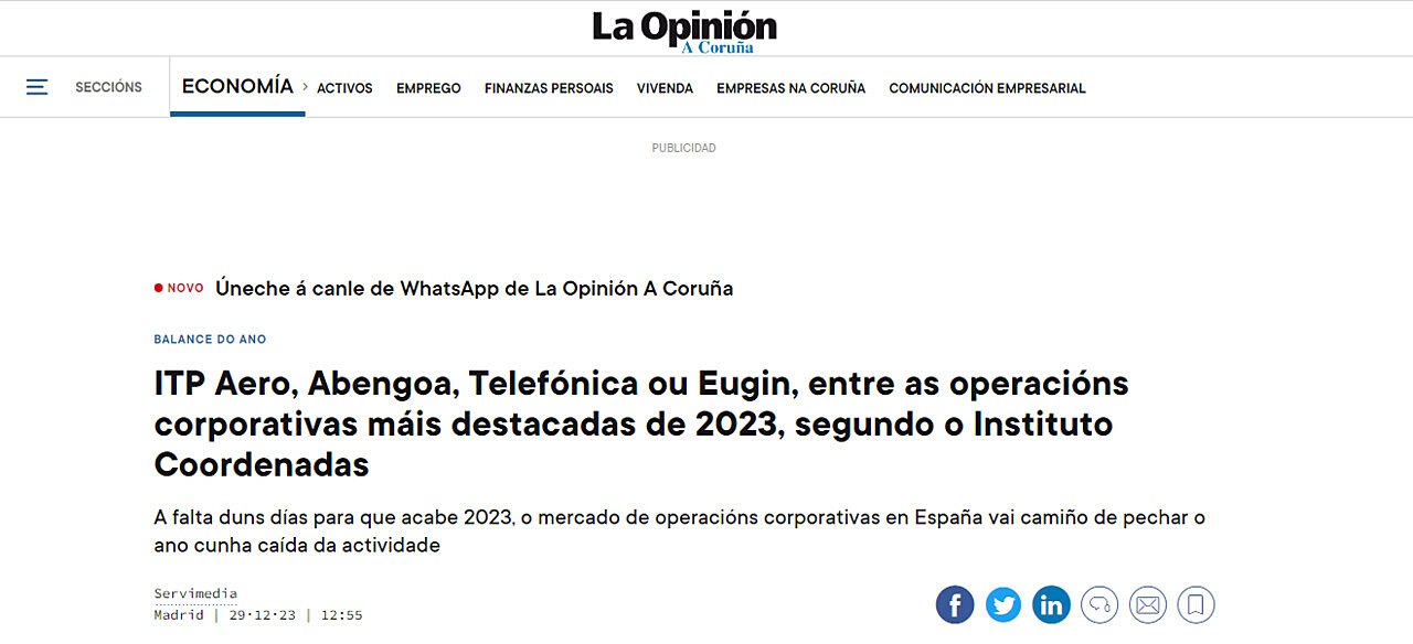 ITP Aero, Abengoa, Telefnica ou Eugin, entre as operacins corporativas mis destacadas de 2023, segundo o Instituto Coordenadas